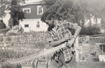 Tom (Ken) cross cut sawing below the terraced garden at the family home on Norton Street in Penticton.